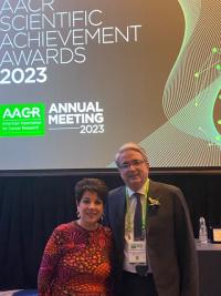 Photo of Cory Abate-Shen and Riccaro Dalla Favera onstage at the annual AACR meeting